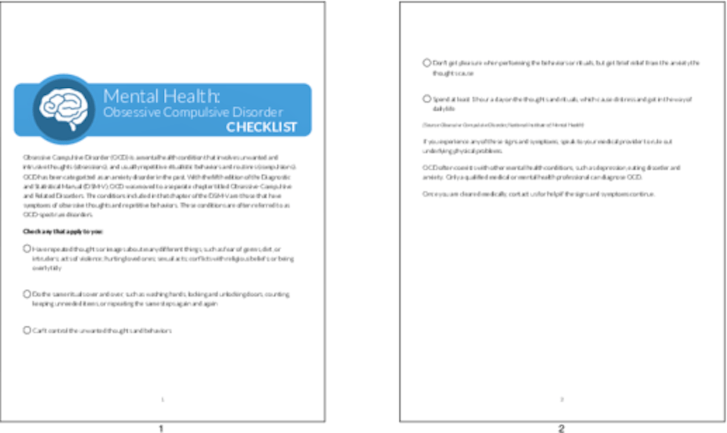 PLR Checklists - Mental Health Obsessive Compulsive Disorder Checklist ...